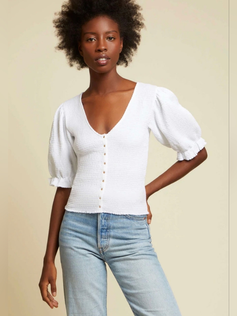Nation LTD Laila White Puff-Sleeve Gold Button Front Pima Cotton Top Women XL